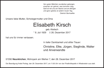 Traueranzeige von Elisabeth Kirsch von Siegener Zeitung
