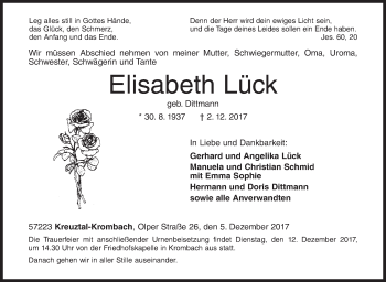 Traueranzeige von Elisabeth Lück von Siegener Zeitung