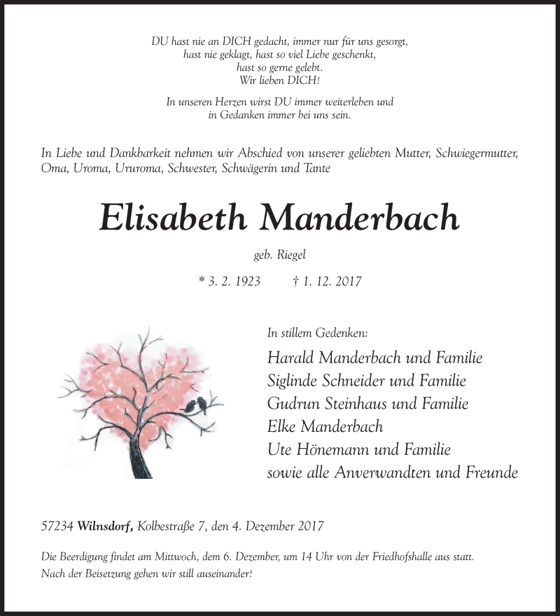  Traueranzeige für Elisabeth Manderbach vom 04.12.2017 aus Siegener Zeitung