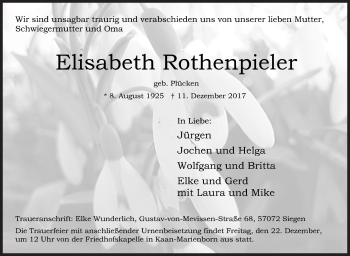 Traueranzeige von Elisabeth Rothenpieler von Siegener Zeitung