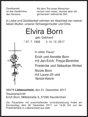 Traueranzeige von Elvira Born von Siegener Zeitung