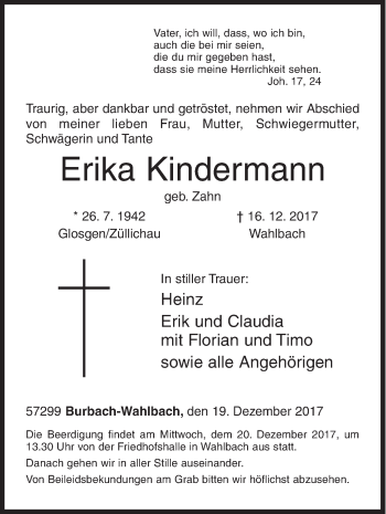 Traueranzeige von Erika Kindermann von Siegener Zeitung