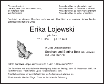 Traueranzeige von Erika Lojewski von Siegener Zeitung