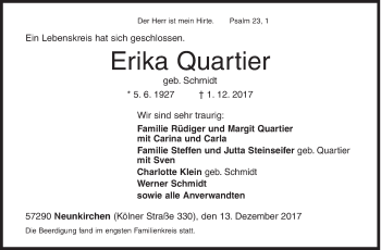 Traueranzeige von Erika Quartier von Siegener Zeitung