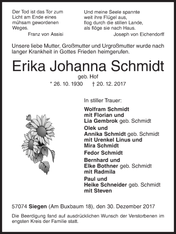 Traueranzeige von Erika Johanna Schmidt von Siegener Zeitung