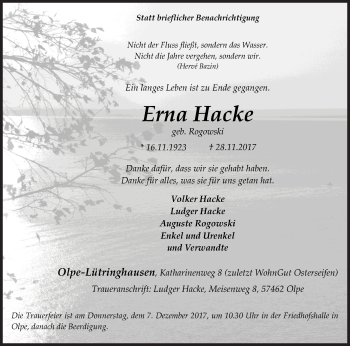 Traueranzeige von Erna Hacke von Siegener Zeitung