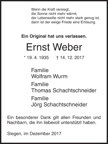 Traueranzeige von Ernst Weber von Siegener Zeitung