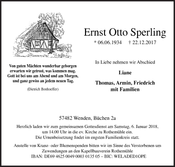 Traueranzeige von Ernst Otto Sperling von Siegener Zeitung