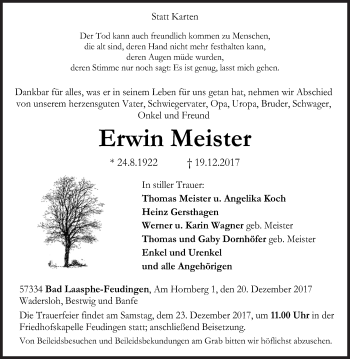 Traueranzeige von Erwin Meister von Siegener Zeitung