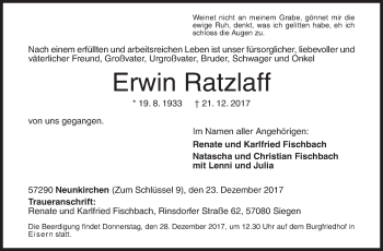 Traueranzeige von Erwin Ratzlaff von Siegener Zeitung
