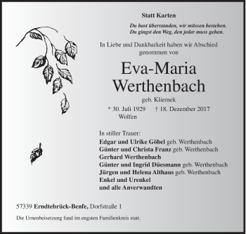 Traueranzeige von Eva-Maria Werthenbach von Siegener Zeitung