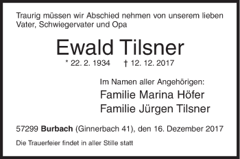 Traueranzeige von Ewald Tilsner von Siegener Zeitung