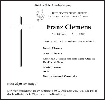 Traueranzeige von Franz Clemens von Siegener Zeitung