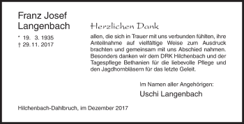 Traueranzeige von Franz Josef Langenbach von Siegener Zeitung