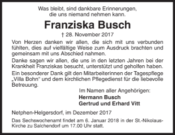 Traueranzeige von Franziska Busch von Siegener Zeitung
