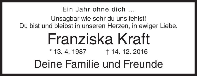  Traueranzeige für Franziska Kraft vom 14.12.2017 aus Siegener Zeitung