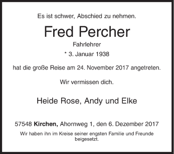 Traueranzeige von Fred Percher von Siegener Zeitung