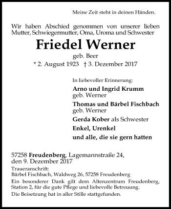 Traueranzeige von Friedel Werner von Siegener Zeitung