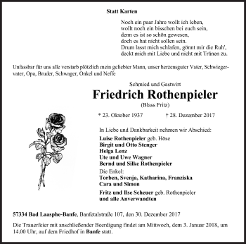 Traueranzeige von Friedrich Rothenpieler von Siegener Zeitung