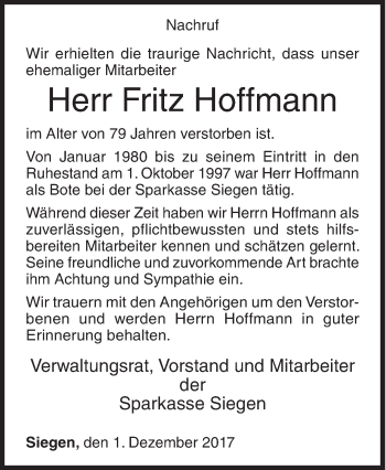 Traueranzeige von Fritz Hoffmann von Siegener Zeitung