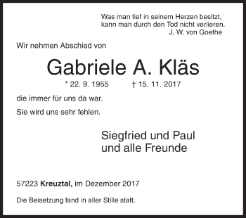 Traueranzeige von Gabriele A. Kläs von Siegener Zeitung