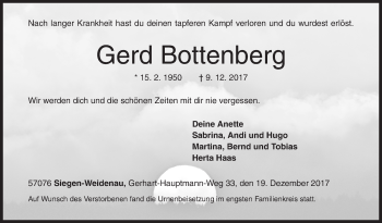 Traueranzeige von Gerd Bottenberg von Siegener Zeitung