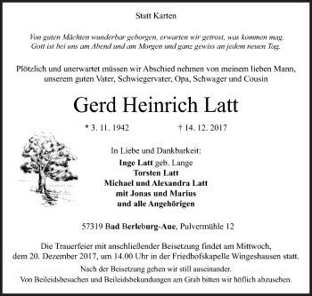 Traueranzeige von Gerd Heinrich Latt von Siegener Zeitung