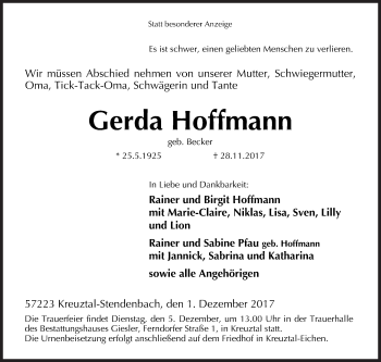 Traueranzeige von Gerda Hoffmann von Siegener Zeitung