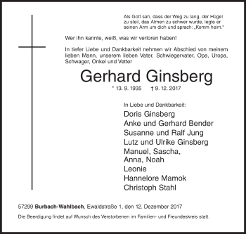 Traueranzeige von Gerhard Ginsberg von Siegener Zeitung