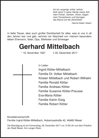 Traueranzeige von Gerhard Mittelbach von Siegener Zeitung