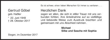 Traueranzeige von Gertrud Göbel von Siegener Zeitung