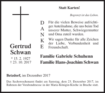 Traueranzeige von Gertrud Schwan von Siegener Zeitung