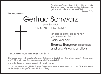 Traueranzeige von Gertrud Schwarz von Siegener Zeitung