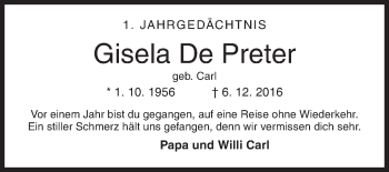 Traueranzeige von Gisela De Preter von Siegener Zeitung