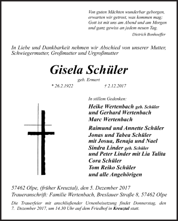 Traueranzeige von Gisela Schüler von Siegener Zeitung