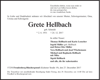 Traueranzeige von Grete Hellbach von Siegener Zeitung