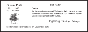 Traueranzeige von Gustav Plate von Siegener Zeitung