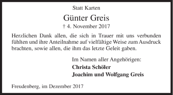 Traueranzeige von Günter Greis von Siegener Zeitung