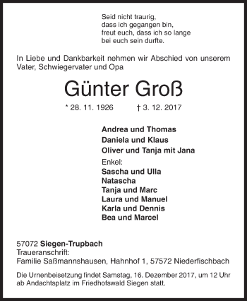 Traueranzeige von Günter Groß von Siegener Zeitung