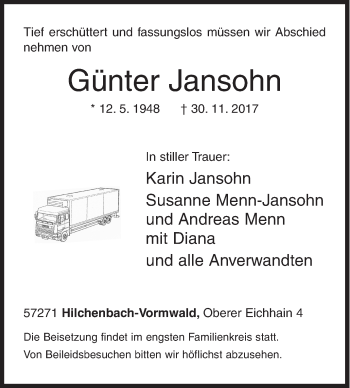Traueranzeige von Günter Jansohn von Siegener Zeitung
