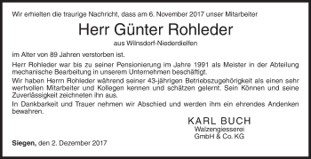 Traueranzeige von Günter Rohleder von Siegener Zeitung