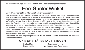 Traueranzeige von Günter Winkel von Siegener Zeitung