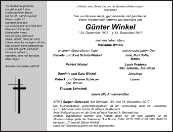 Traueranzeige von Günter Winkel von Siegener Zeitung