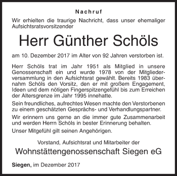 Traueranzeige von Günther Schöls von Siegener Zeitung