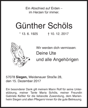 Traueranzeige von Günther Schöls von Siegener Zeitung
