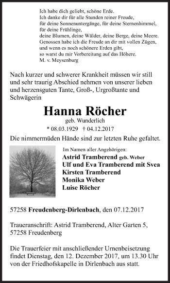 Traueranzeige von Hanna Röcher von Siegener Zeitung