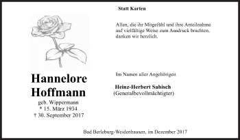 Traueranzeige von Hannelore Hoffmann von Siegener Zeitung