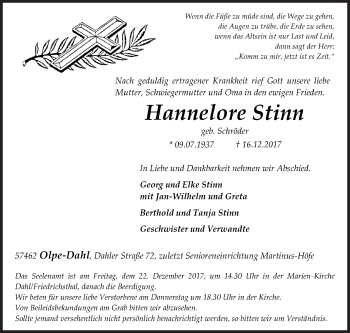 Traueranzeige von Hannelore Stinn von Siegener Zeitung