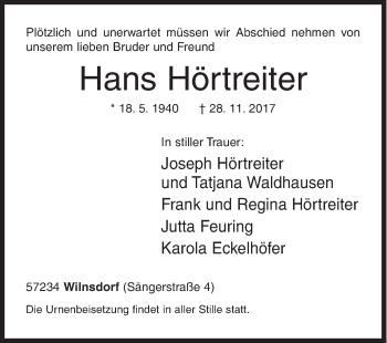 Traueranzeige von Hans Hörtreiter von Siegener Zeitung