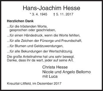 Traueranzeige von Hans-Joachim Hesse von Siegener Zeitung
